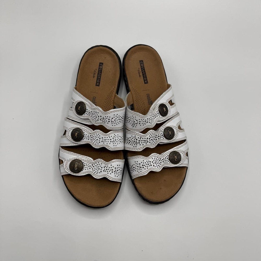 Clarks White Triple-Strap Perforated Slide Mules